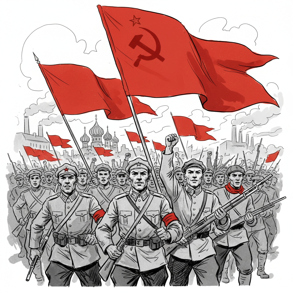 Russian revolution 1917, soldiers and workers with red banners, historical sketch style, black and white with red accents