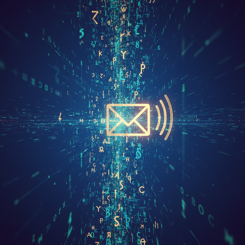 abstract representation of searching text, glowing symbols, email icon, cyber security data stream