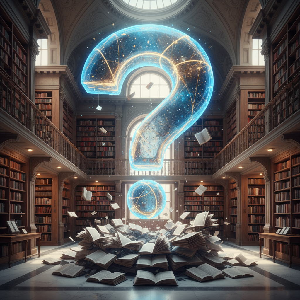 A large 3D question mark symbol floating in a library, conceptual art style