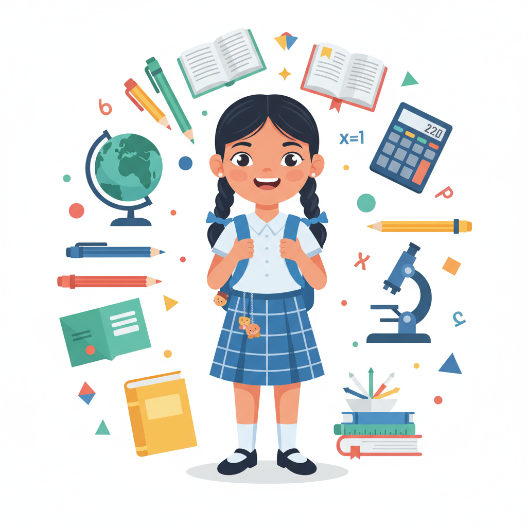 Illustration of an Indian school girl wearing a uniform and carrying a backpack, smiling, set against a backdrop of school supplies, flat design style.