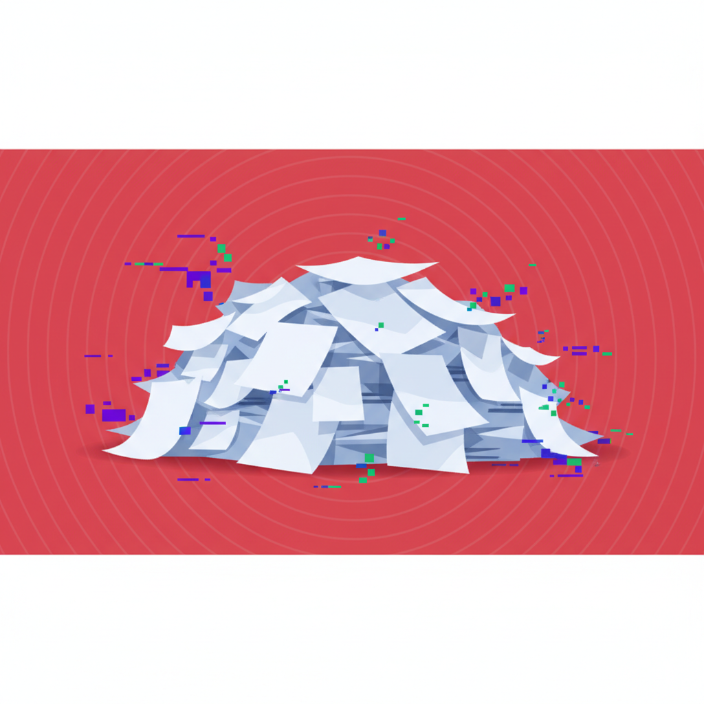Chaos concept, stacks of disorganized paper and digital static, red warning overlay, minimal vector style