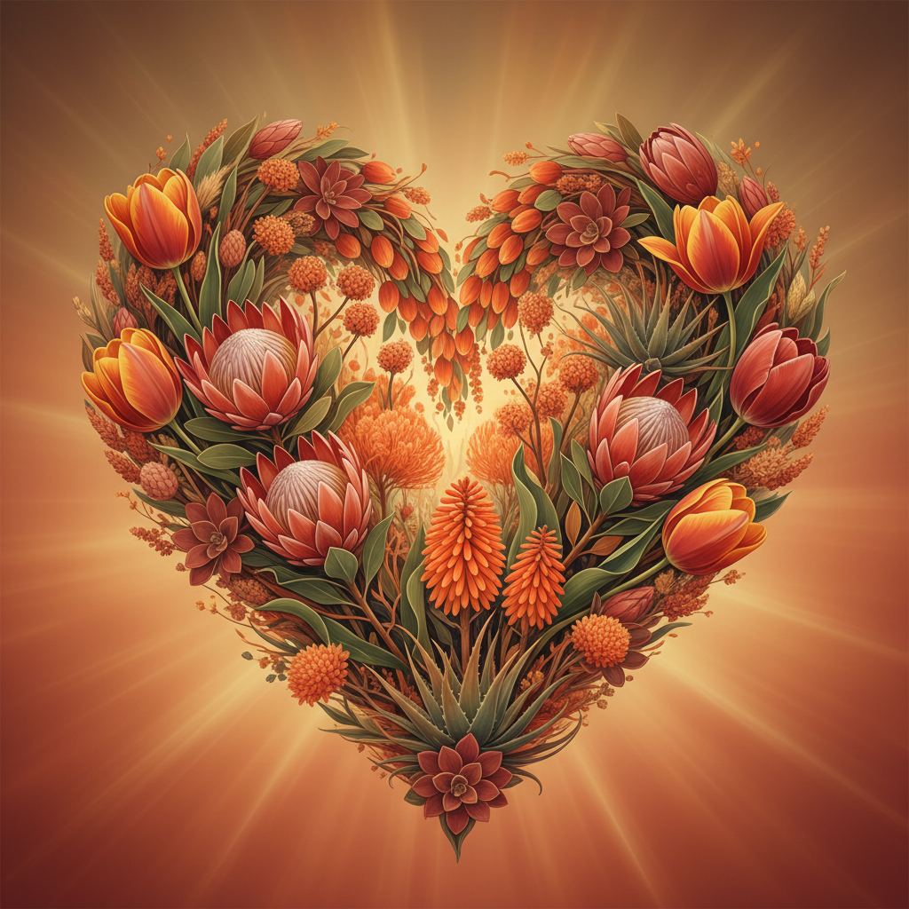 Abstract representation of a heart shape formed by Dutch tulips and African flora, unity, warm colors