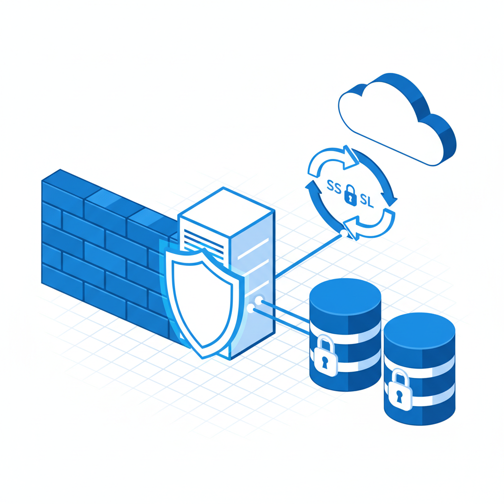 Schematic diagram illustration of a secure network architecture. Features a firewall brick wall icon, a shield icon over a server, lock icons on database cylinders, and secure SSL handshake arrows. Tech blue and white color scheme.