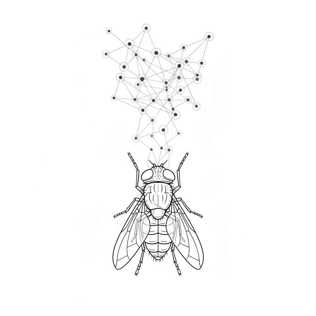 Illustration of a network graph with connected nodes transitioning into a biological fly drawing, minimalist scientific style, white background