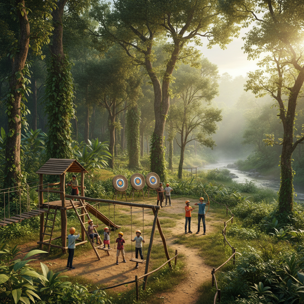 Archery range and kids play area in lush green Dandeli Western Ghats jungle, realistic 8k, family adventure vibe