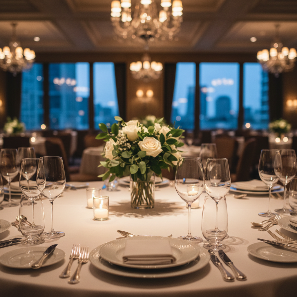 Cinematic shot of a luxury fine dining table setting with crystal glasses, silver cutlery, and crisp white linen, shallow depth of field, warm ambient lighting, 8k resolution, elegant atmosphere