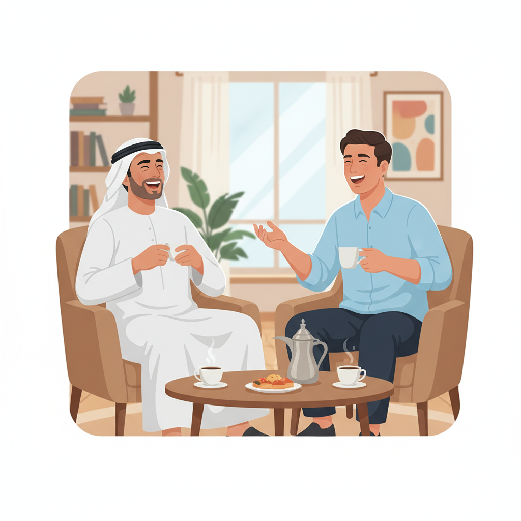 Illustration of two friends (one in Kandoora, one in shirt) laughing and drinking coffee, conversational atmosphere