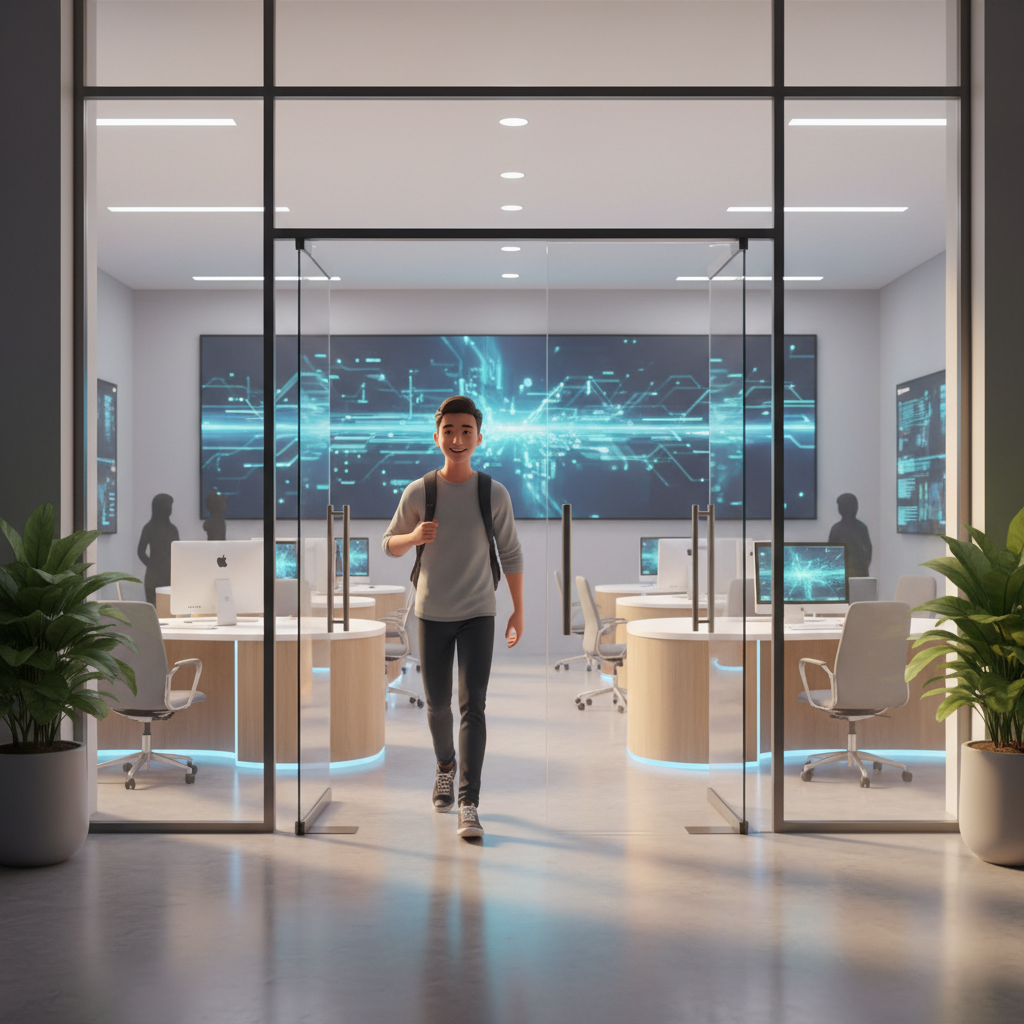 3D illustration of a customer walking into a modern cyber cafe or government service center, bright and welcoming entrance, glass doors