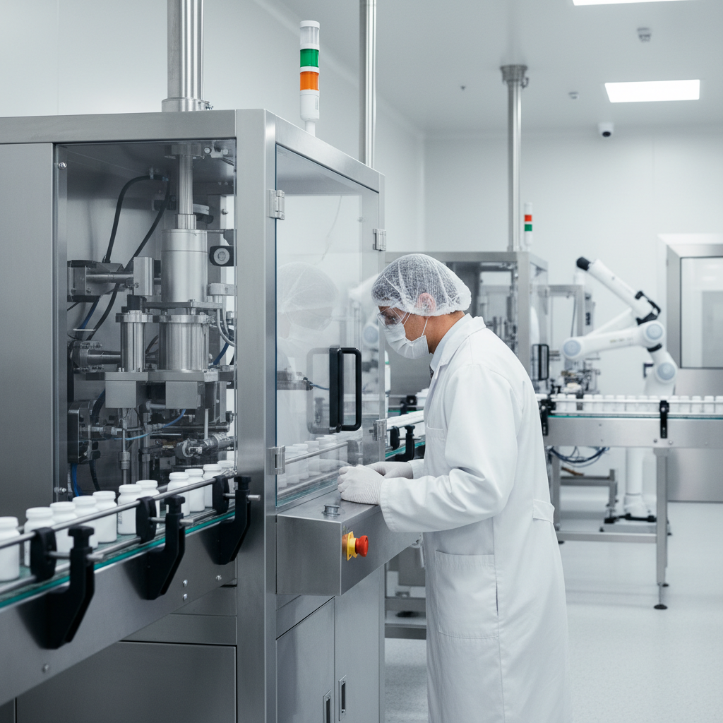 pharmaceutical production line worker inspecting equipment, sterile environment, white lab coat, clean visuals