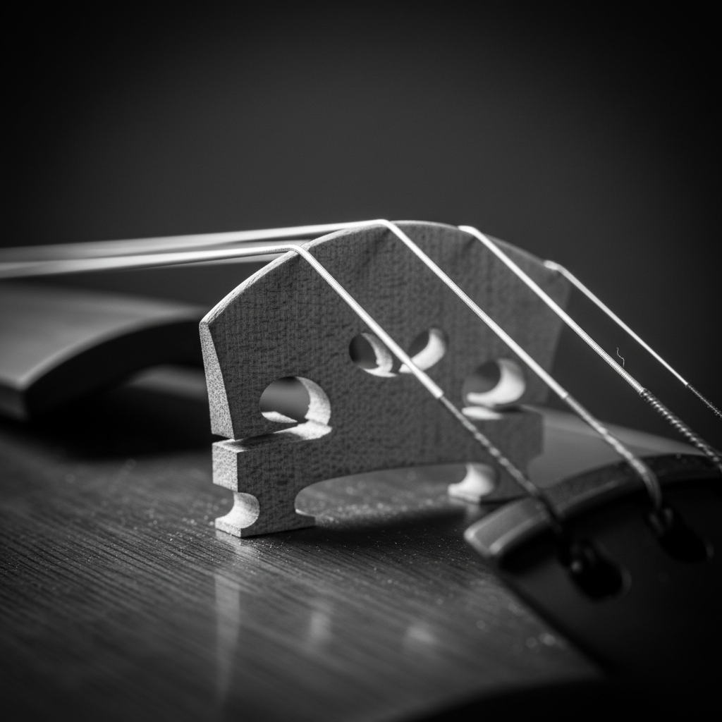 photo of a violin bridge and strings, macro shot, black and white photography, high contrast, minimalist, sharp focus