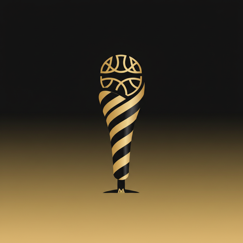 Stylized microphone illustration, minimal gold and black colors, sleek design