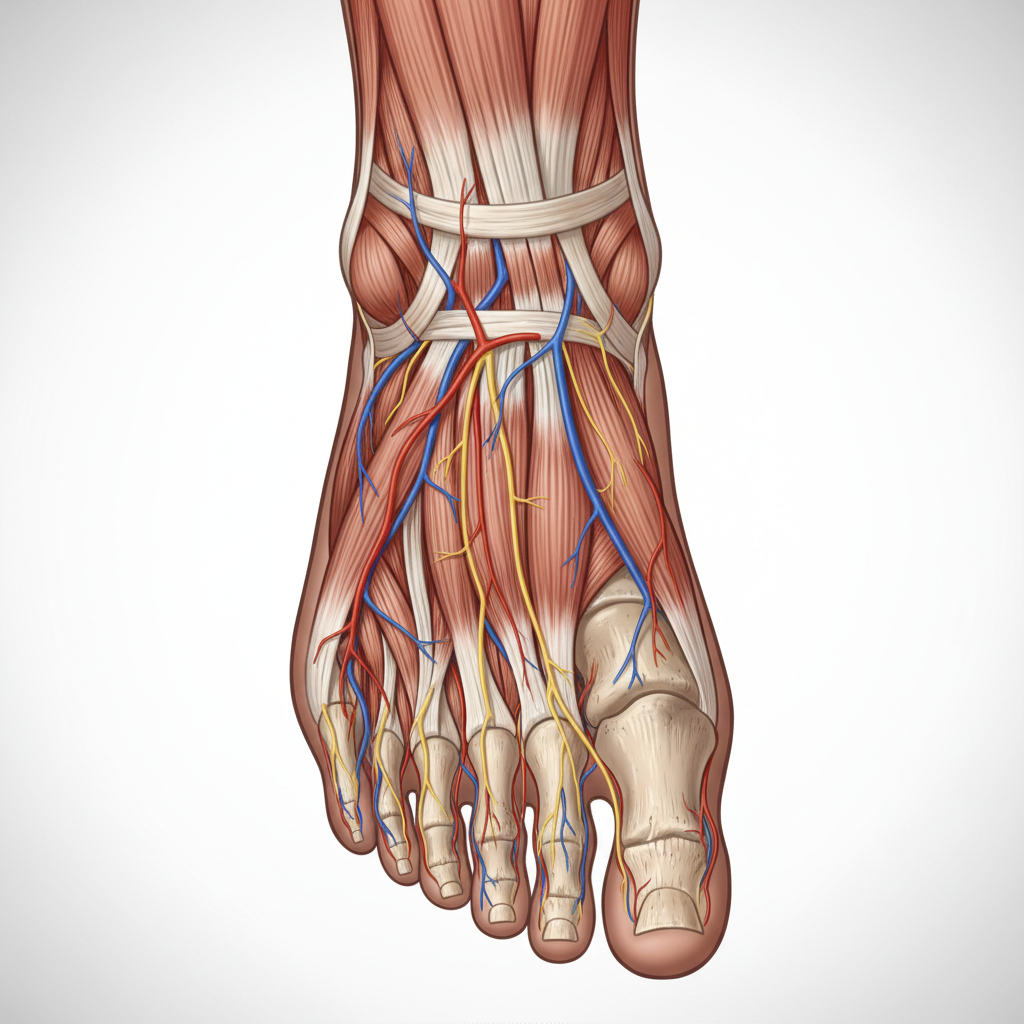 Sole of the foot (plantar view) showing intrinsic muscle layers, medical illustration, highly detailed