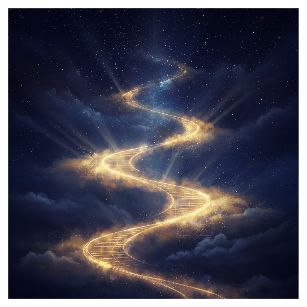 A majestic and serene abstract representation of a night journey towards the heavens, deep dark blue sky filled with shimmering stars, ethereal golden light ascending upwards, Islamic geometric patterns integrated subtly into the clouds, cinematic lighting, ultra-detailed, 8k resolution, mysterious and spiritual atmosphere