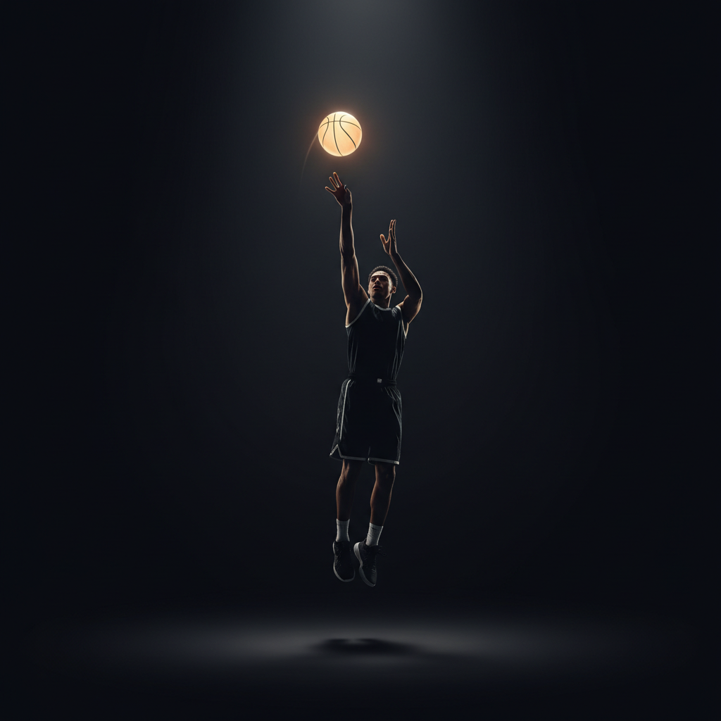 Balanced basketball shooting form, straight follow-through, isolated figure, darkness