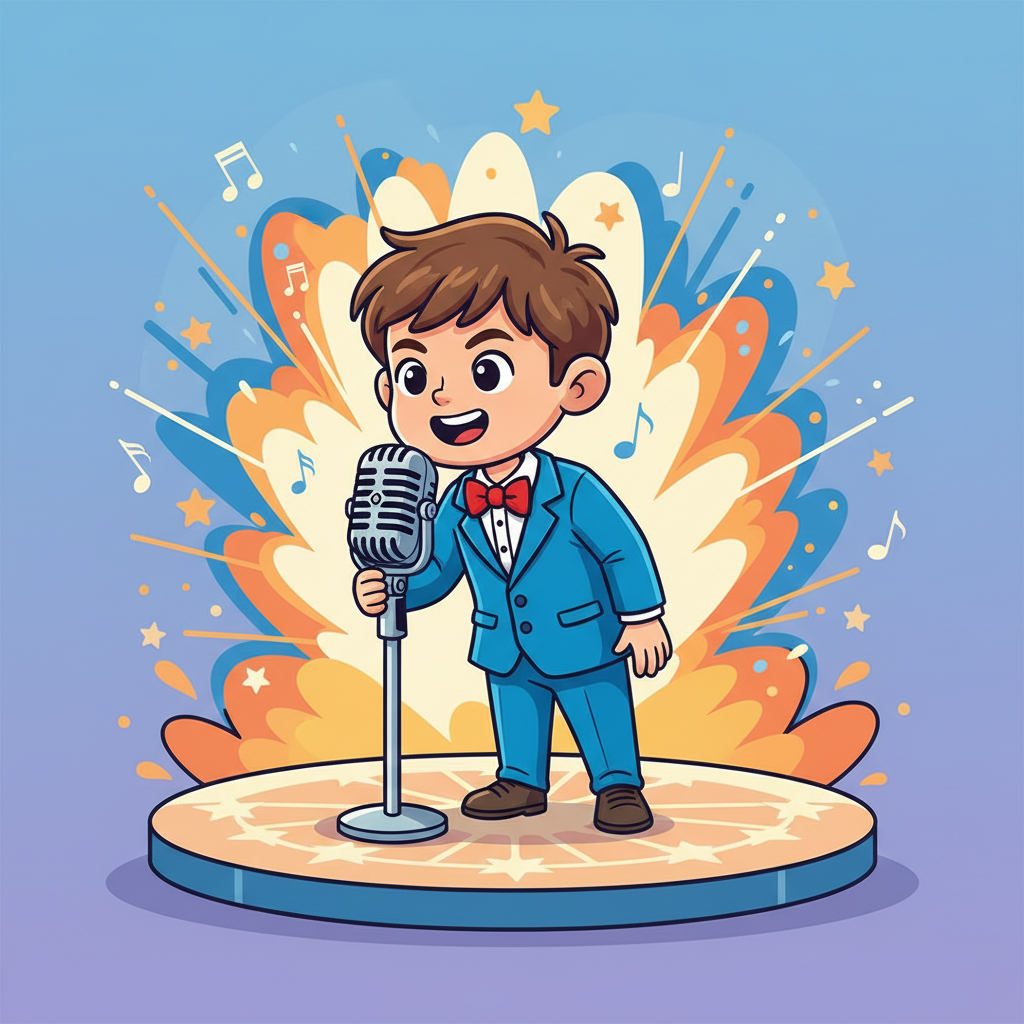A child speaking confidently into a microphone, cartoon style