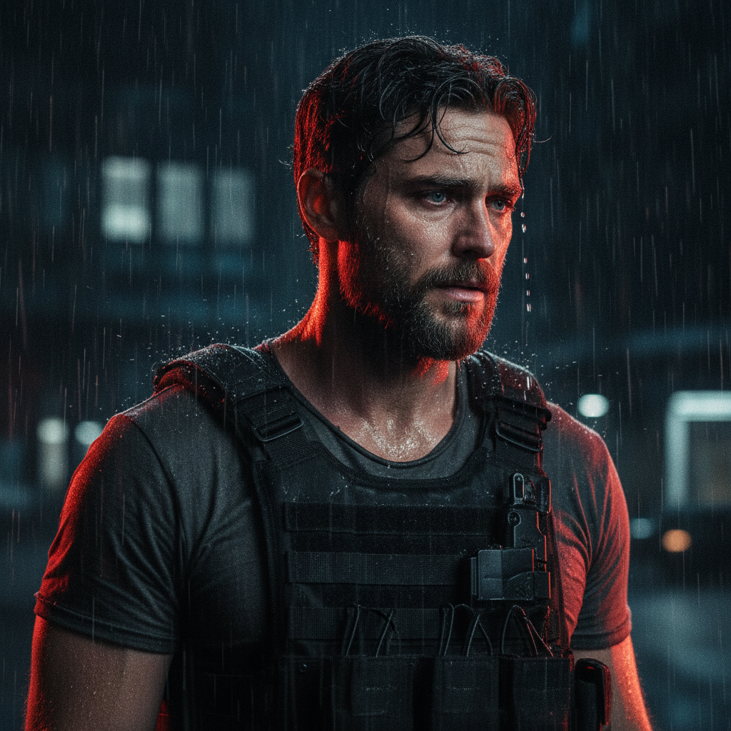 Portrait of a gritty Australian man mid-30s, Jacob Elordi likeness, tactical vest over casual clothes, rugged stubble, intense regretful expression, dark cinematic lighting with neon red rim light, rain texture
