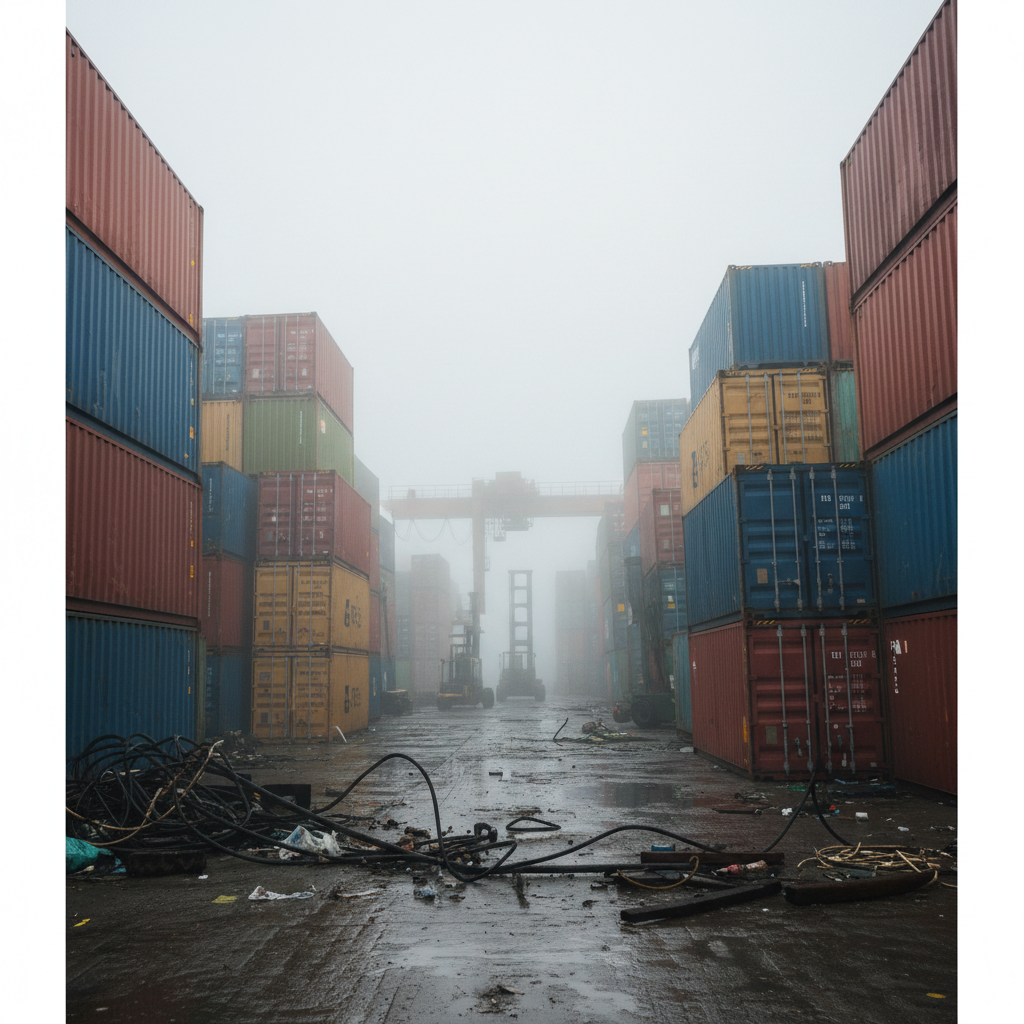A fractured and chaotic shipping container yard with fog obscuring visibility, muted colors, conveying confusion and inefficiency, photorealistic