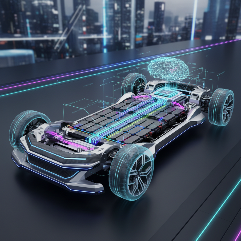 Modern electric car chassis with digital overlays showing battery systems and software connectivity, futuristic style