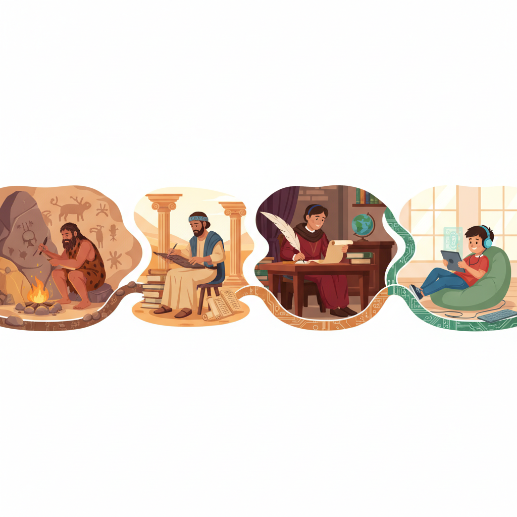 Creative timeline illustration showing a caveman, a scribe with clay, a person with a quill pen, and a child with an iPad, progressing from left to right