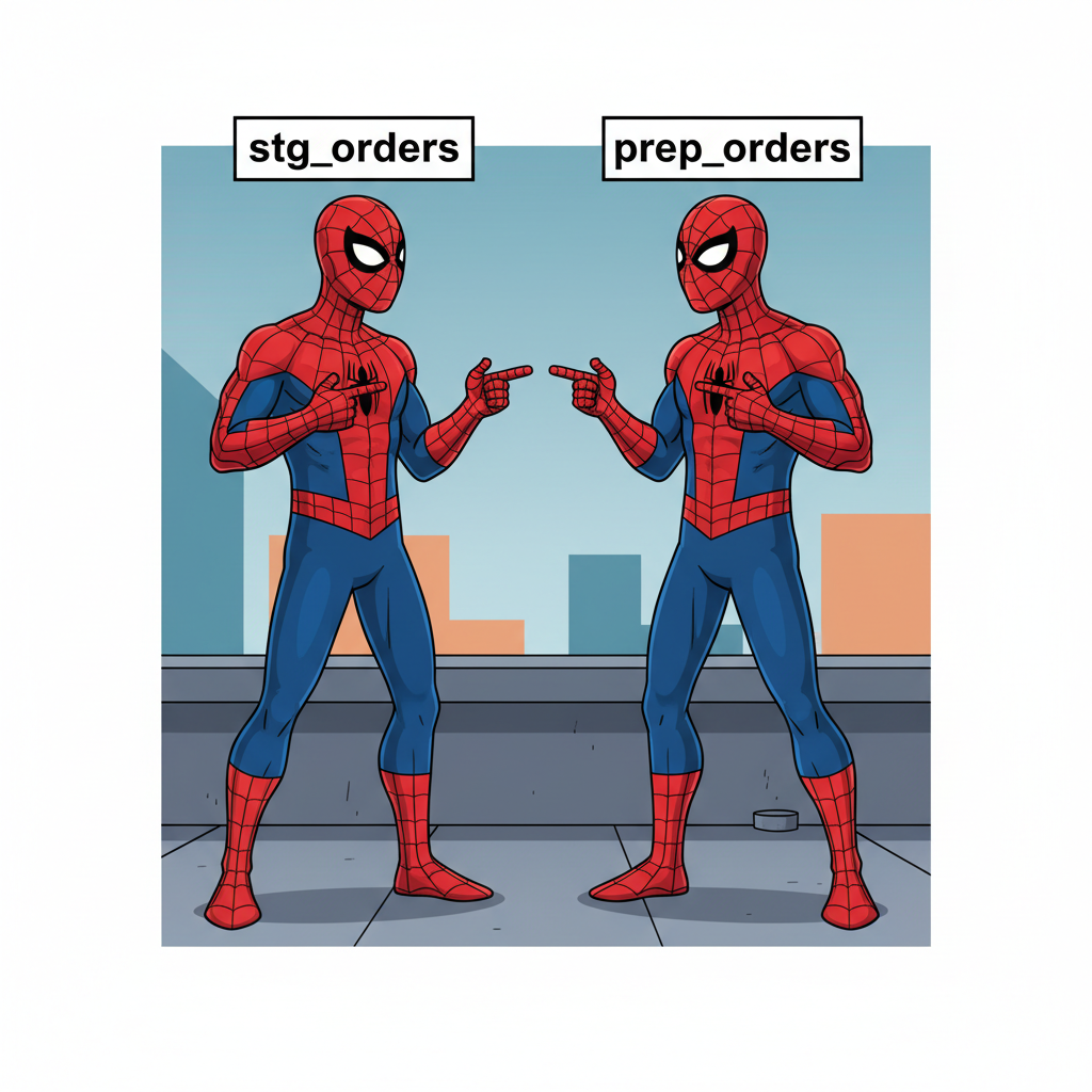A funny meme-style illustration of two Spidermen pointing at each other, but one is labeled 'stg_orders' and the other is 'prep_orders', they look identical but are clearly different.