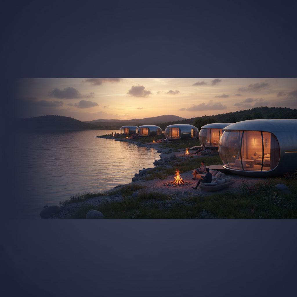 3D landscape architectural rendering, wide panoramic view of Dandeli lakeside, advanced futuristic pods arranged by the water with campfires, chill and pleasant vibe, soft evening lighting, realistic landscape model style, high detail, photorealistic, dark gradient on left for text contrast