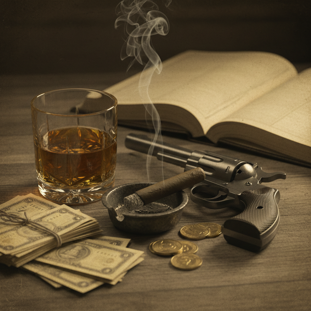 Vintage 1920s gangster desk, close up of whiskey glass, lit cigar with smoke, revolver, old money, sepia tone, noir atmosphere, cinematic lighting, aged paper texture