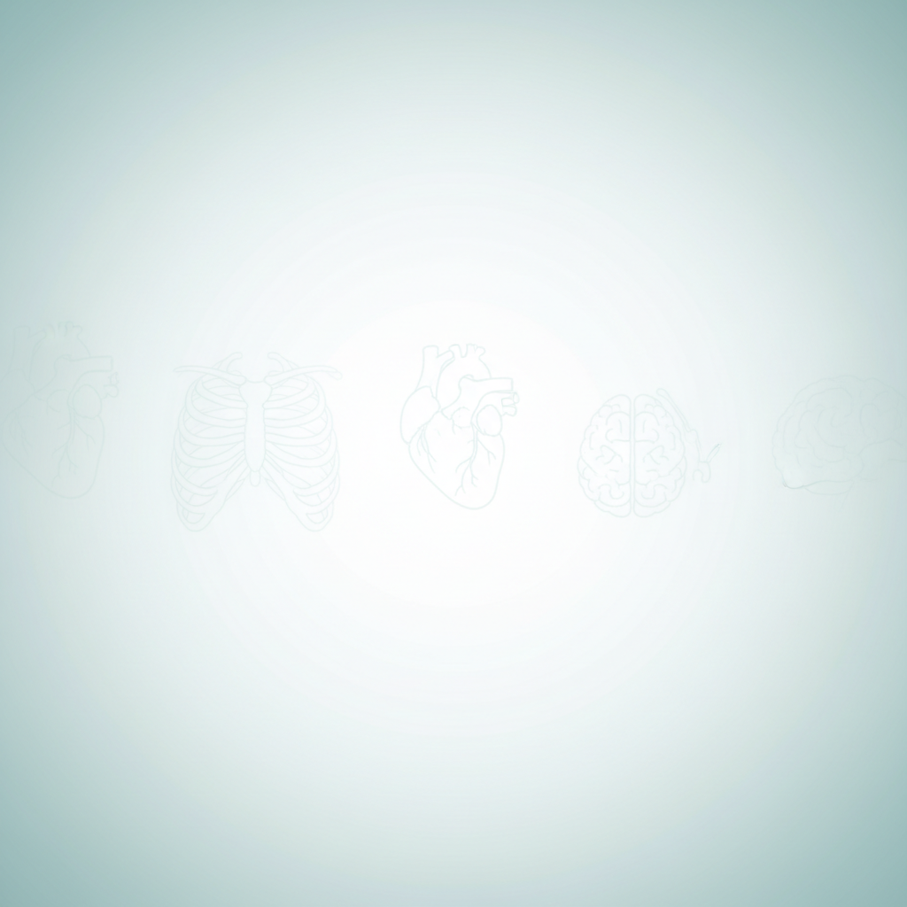 A minimalist medical background, very soft focus, white and light teal with subtle anatomical line drawings faded in the background.