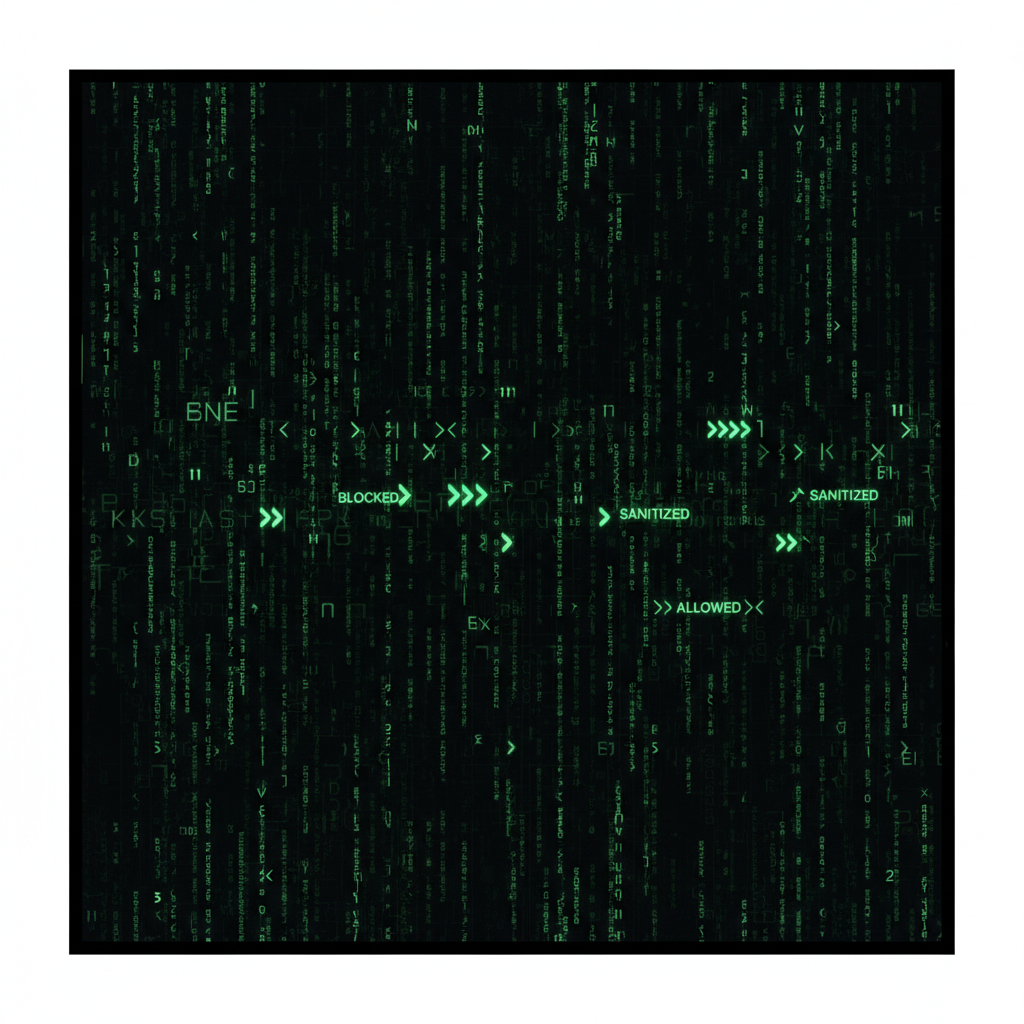 Futuristic scrolling log console interface, glowing green text on black screen, displaying security event logs: 'BLOCKED', 'SANITIZED', 'ALLOWED'.