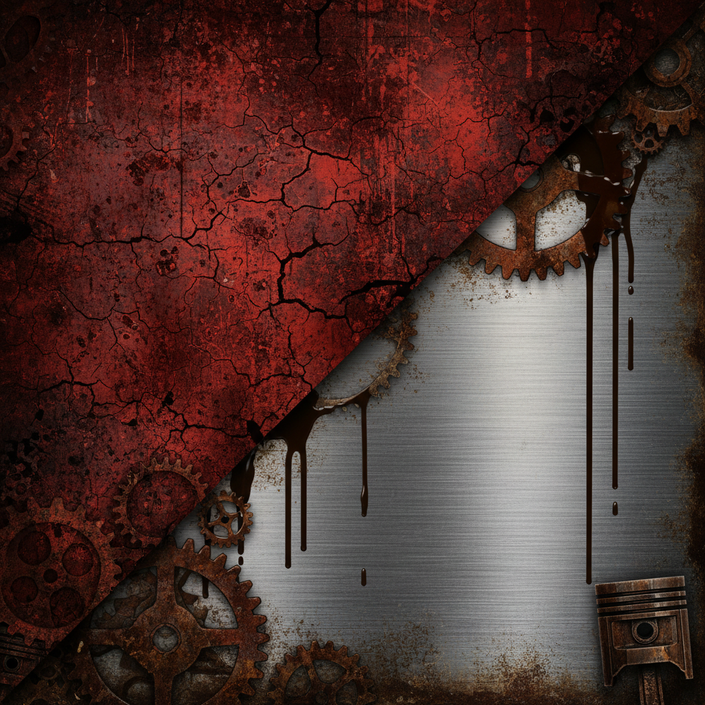 Abstract texture background split between dark red grunge and brushed steel metal, rust and oil stains, industrial mechanical style.