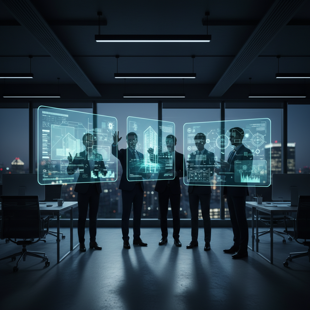 modern corporate office team working on holograms, silhouette, professional business environment, dark theme