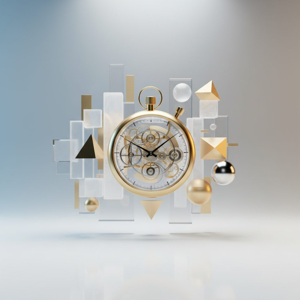 Cinematic 3D render of a golden stopwatch floating amidst geometric shapes, clean minimalist style, bright lighting