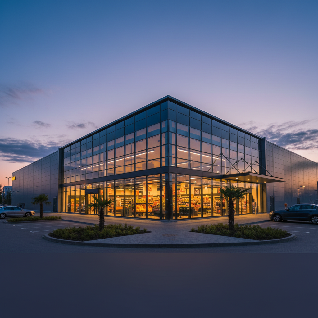 Modern glass exterior of a large Maxima supermarket at twilight with warm lighting, corporate retail architecture, photorealistic, cinematic angle