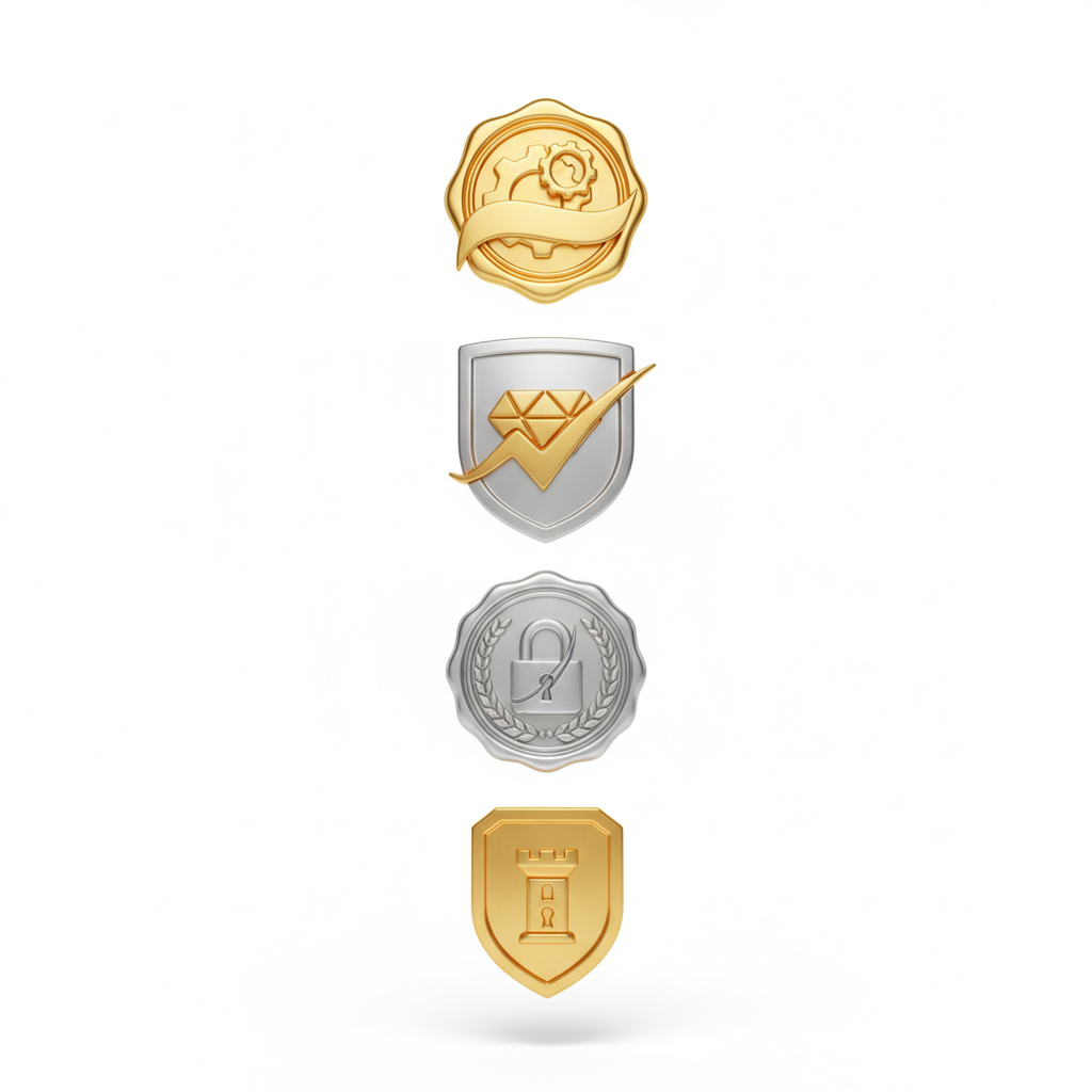 3D render of gold and silver certification seals and shields on a clean white background, representing quality and security standards
