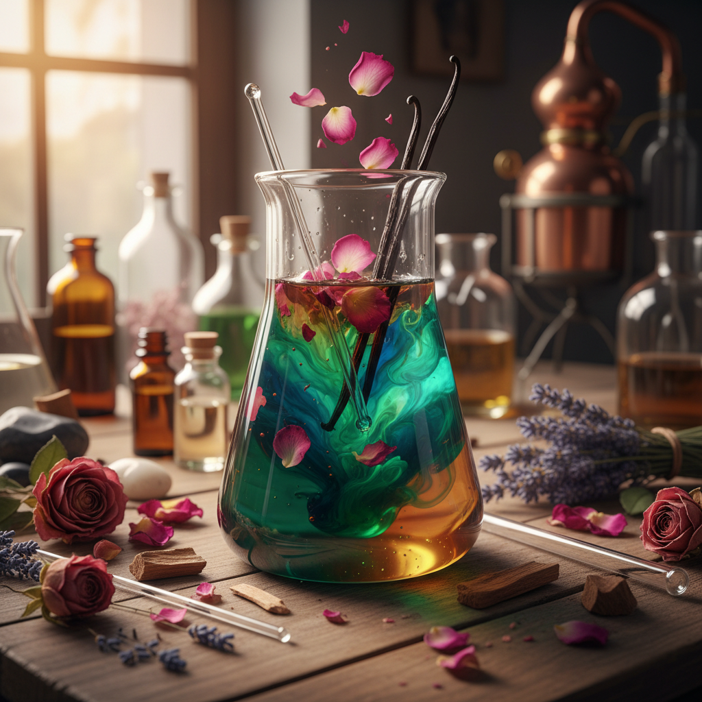 Laboratory glass beaker mixing colored liquids, botanical ingredients like rose petals and wood chips on the table, scientific yet artistic perfume creation
