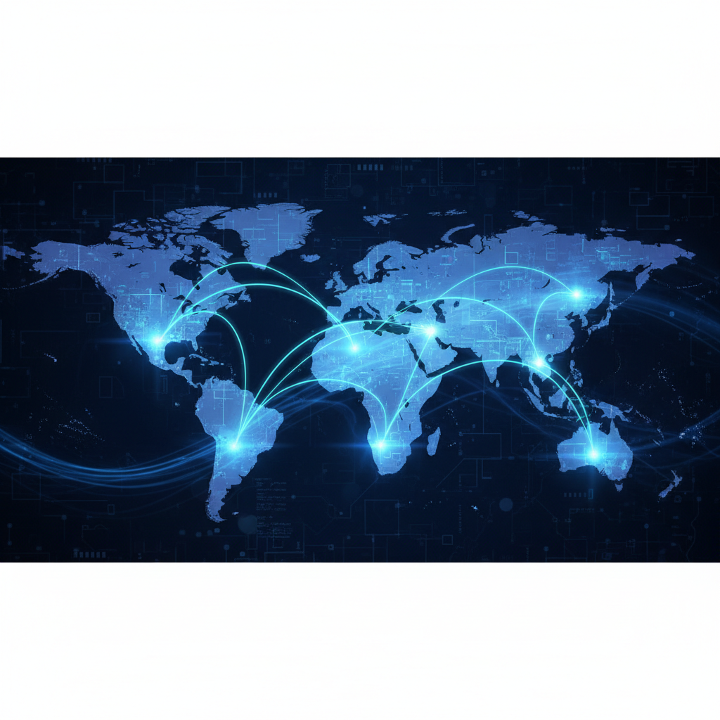 A world map with glowing nodes connecting India to North America, symbolizing global expansion strategy, high tech style