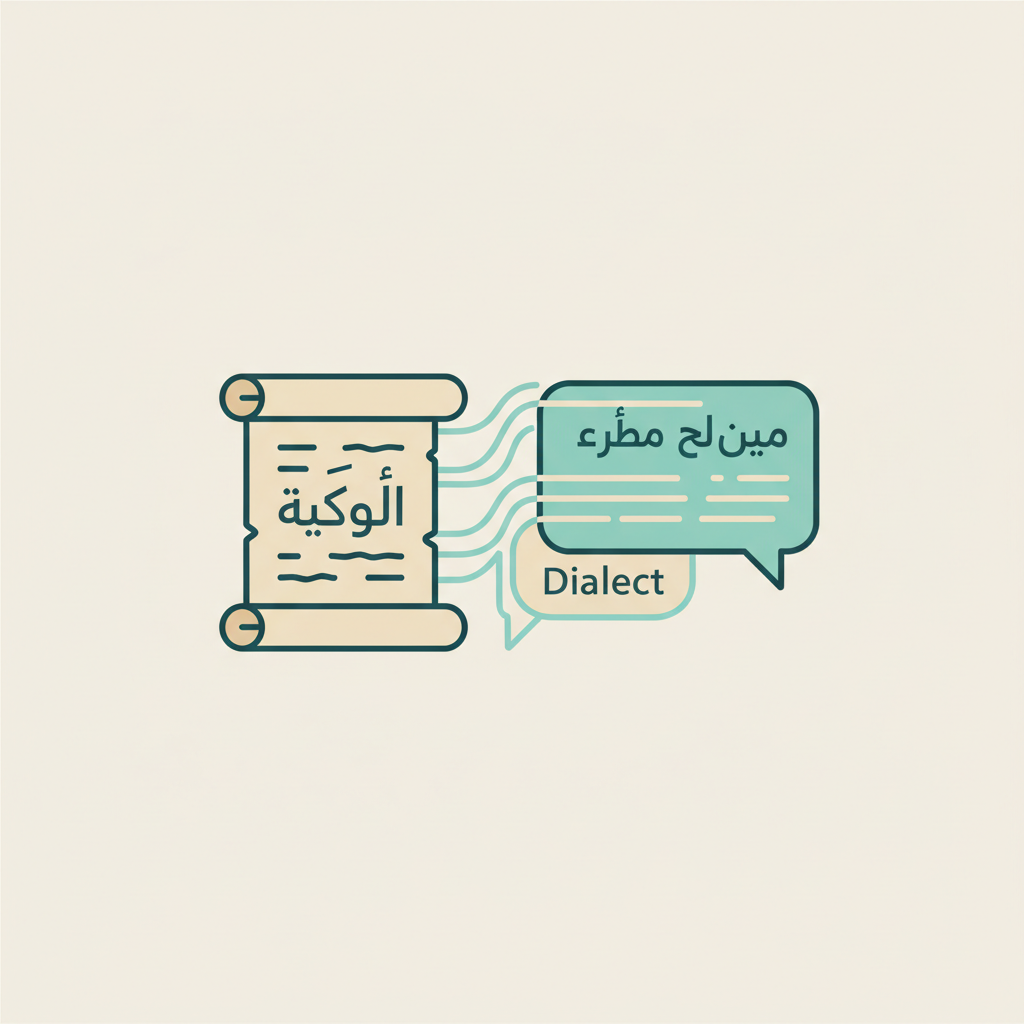 Minimalist vector illustration showing a transition from an old scroll (Fusha) to a modern smartphone chat bubble (Dialect), flat design, beige and teal colors