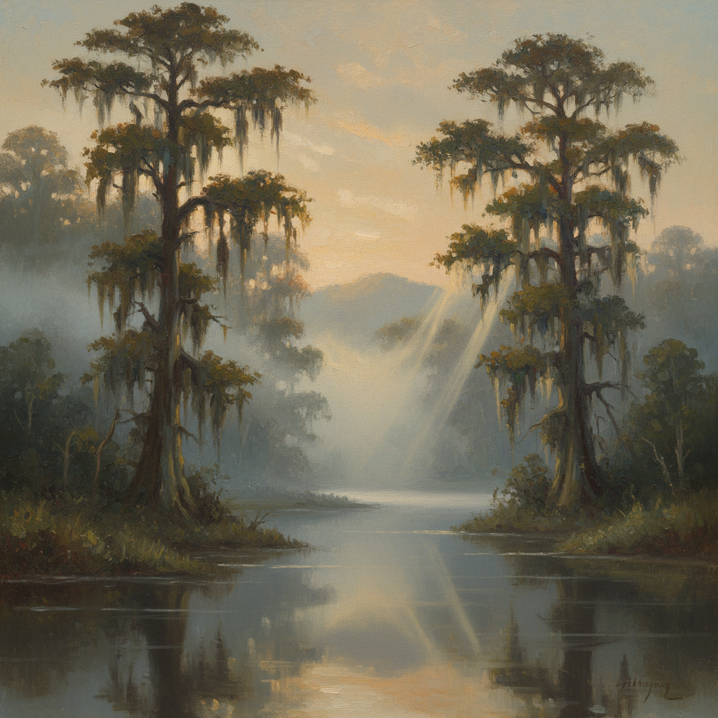 Cinematic landscape of the American Southeast wilderness in the early 19th century, misty morning, untouched nature, oil painting style, warm but somber lighting