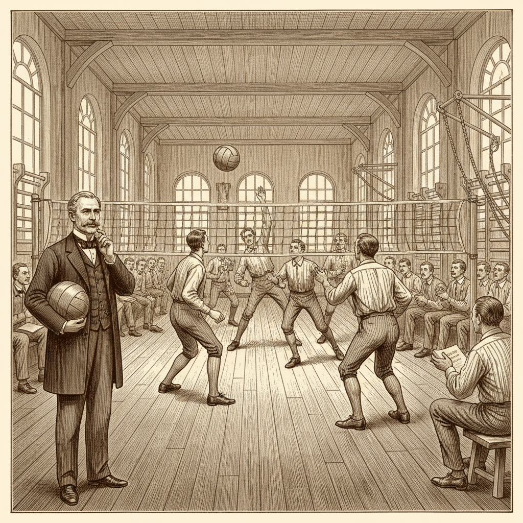 Sepia toned illustration of a 19th century gymnasium, vintage volleyball game, William G. Morgan holding a leather ball, historical atmosphere