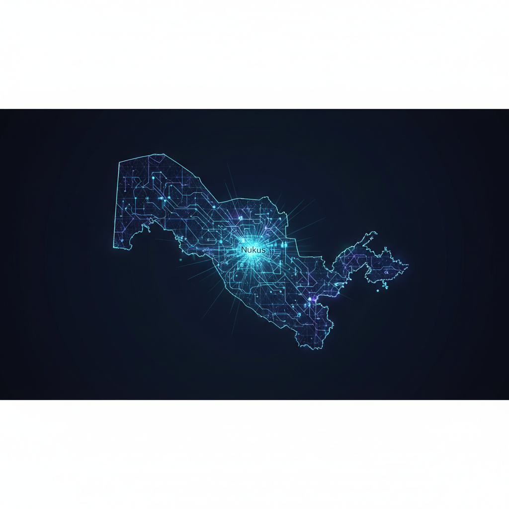 Minimalist map of Uzbekistan highlighting Nukus in a digital tech style, dark background, data visualization aesthetic