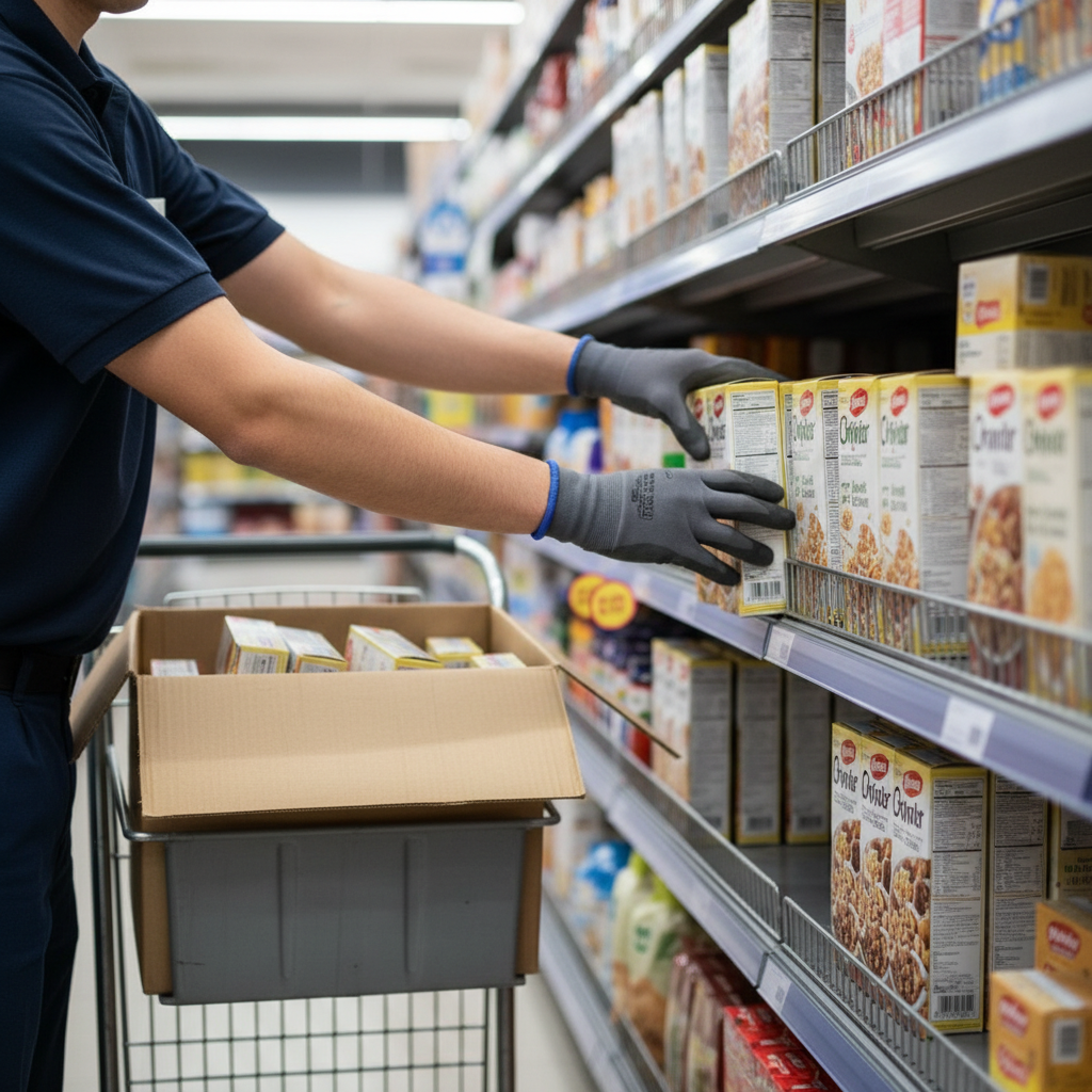 Supermarket shelf stocking process, employee placing new items on shelf, retail workflow, detail shot