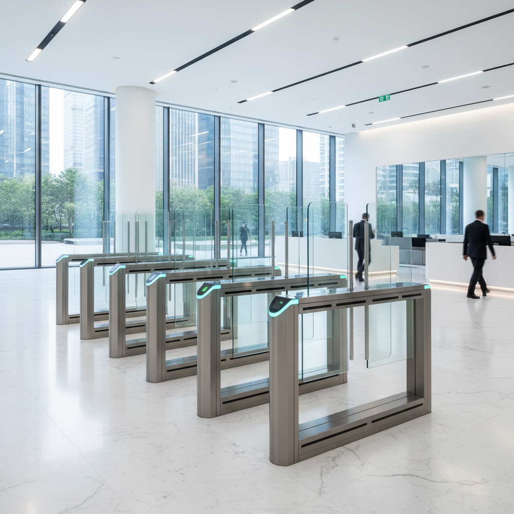 Modern glass flap barrier turnstiles in a clean corporate lobby, stainless steel finish, led indicators