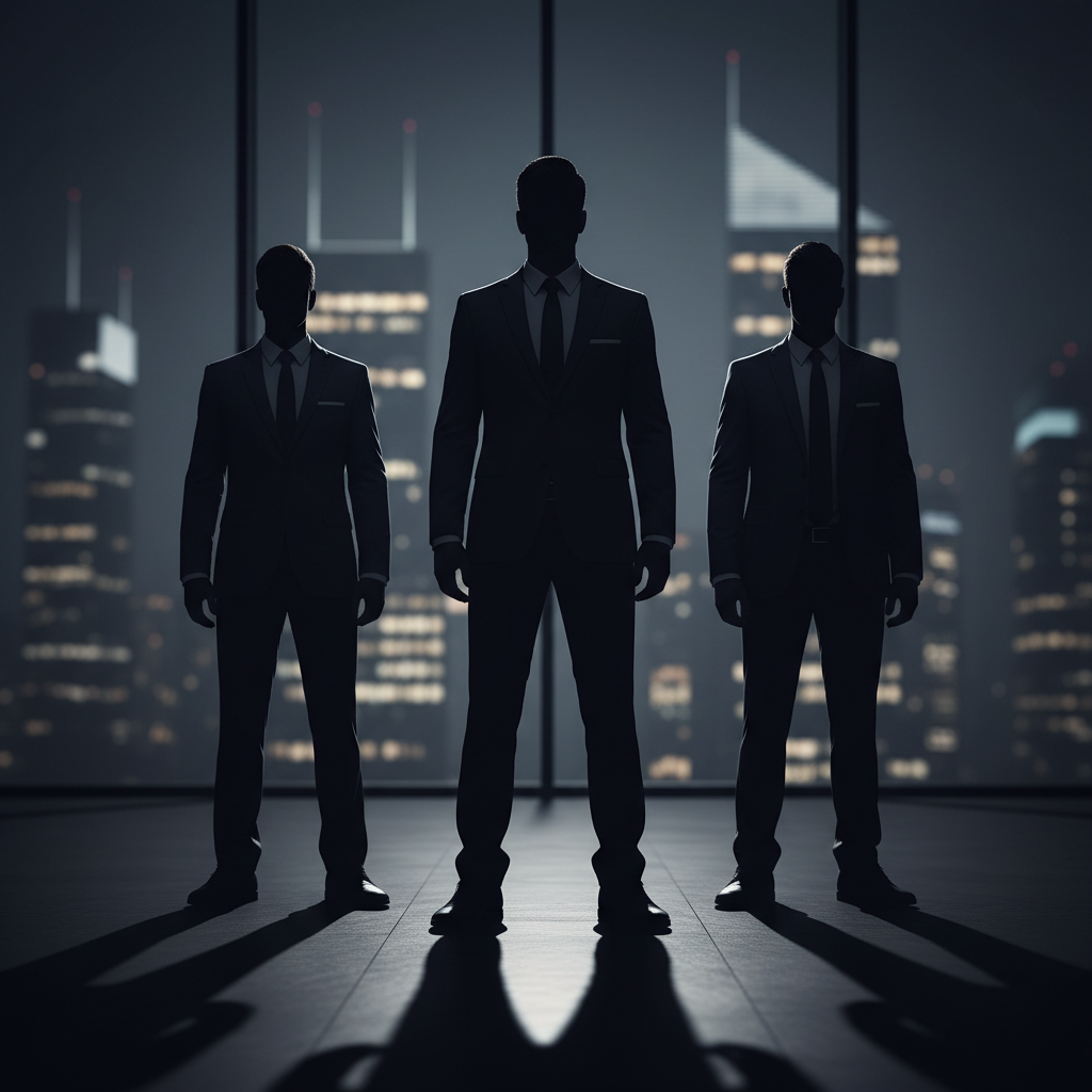 Silhouettes of three business figures in suits standing in shadows, mysterious and corporate