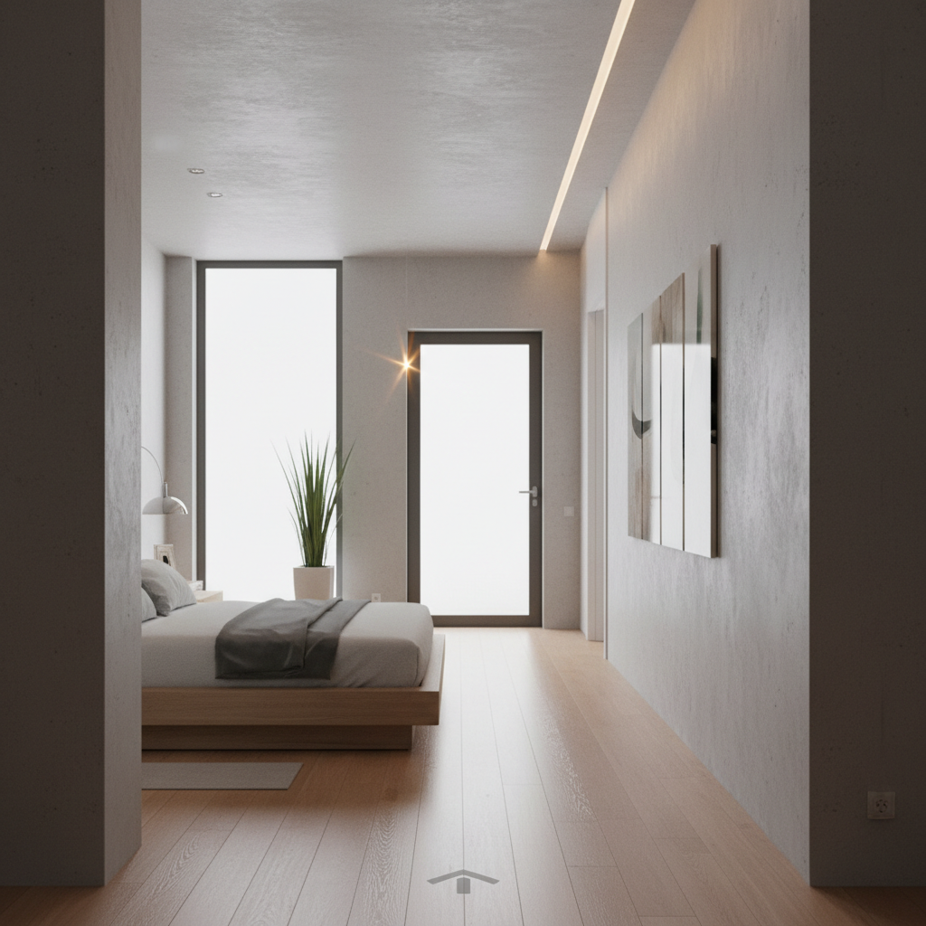 Interior perspective from a bedroom looking down a hallway towards a front door in a modern apartment, symbolizing exit route