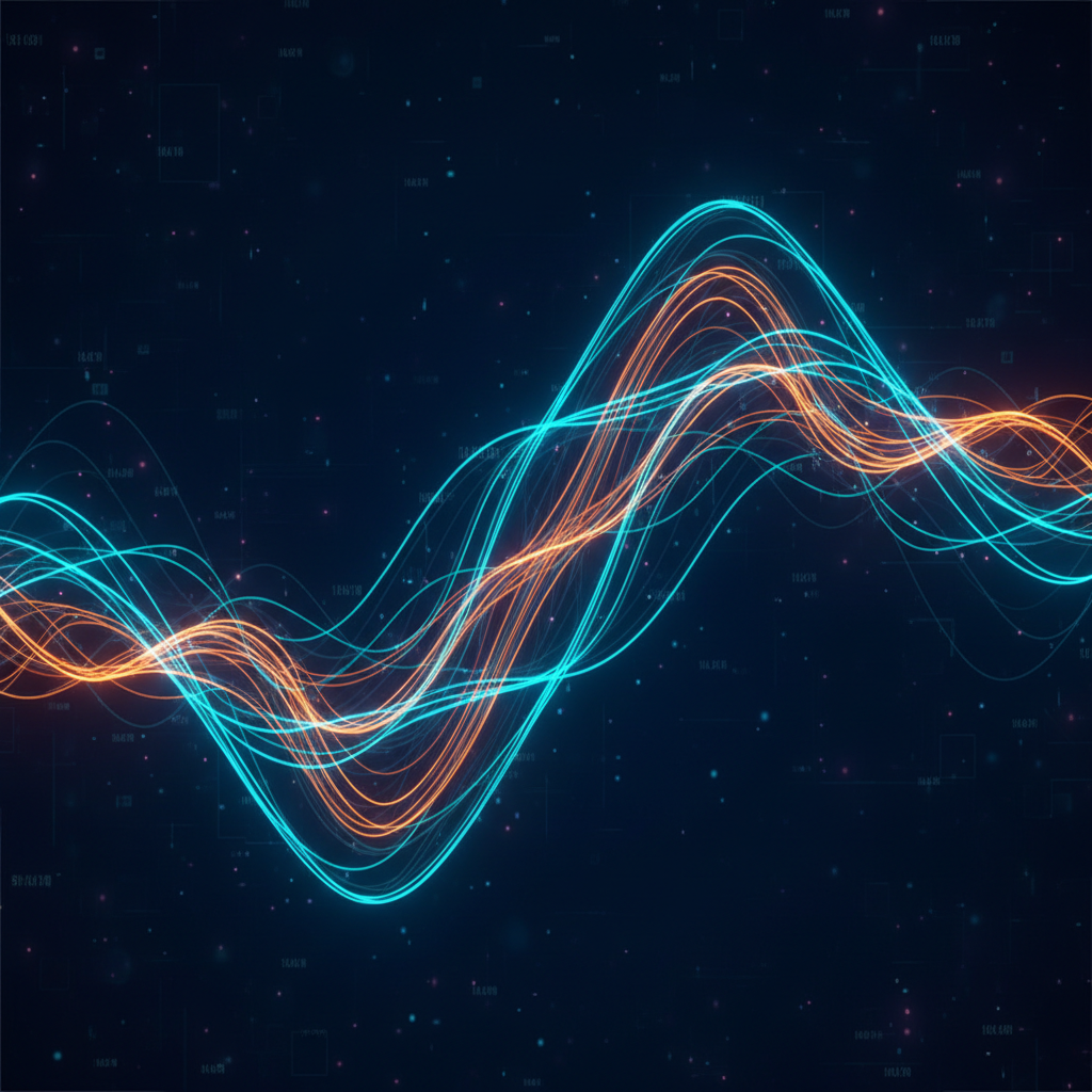 Abstract smooth flowing wave lines of light in cyan and orange colors against a dark blue background, visualizing data flow and connectivity, high tech style