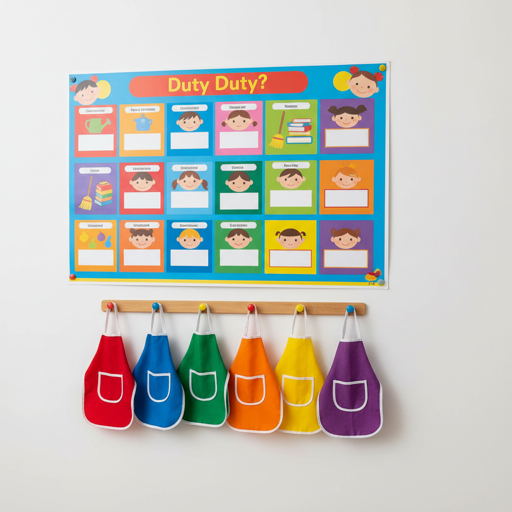 Kindergarten duty board, hanging tiny aprons, colorful chart with names/pictures, clean organized wall