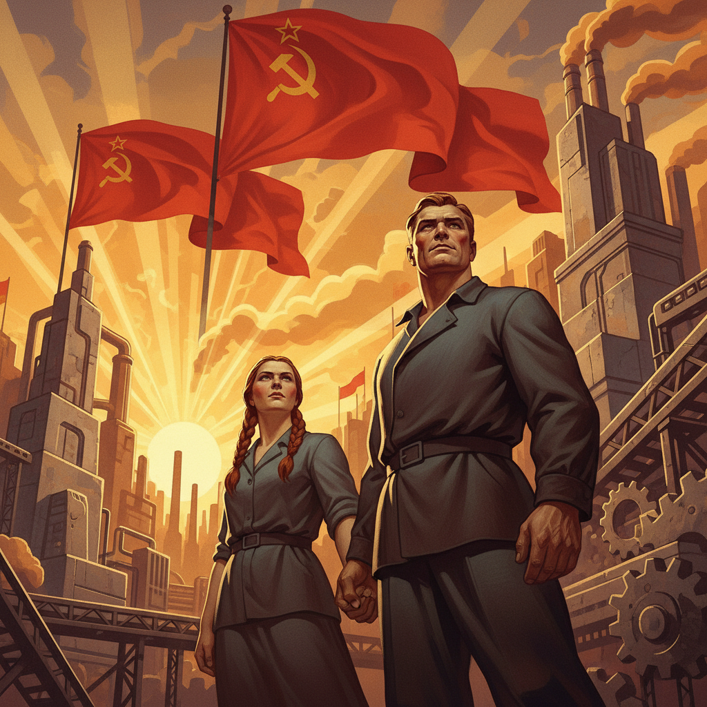 Propaganda style visual, Soviet realism, low angle view of a strong man and woman holding hands looking at a golden sunrise, industrial futurism background, red flags, heroic lighting