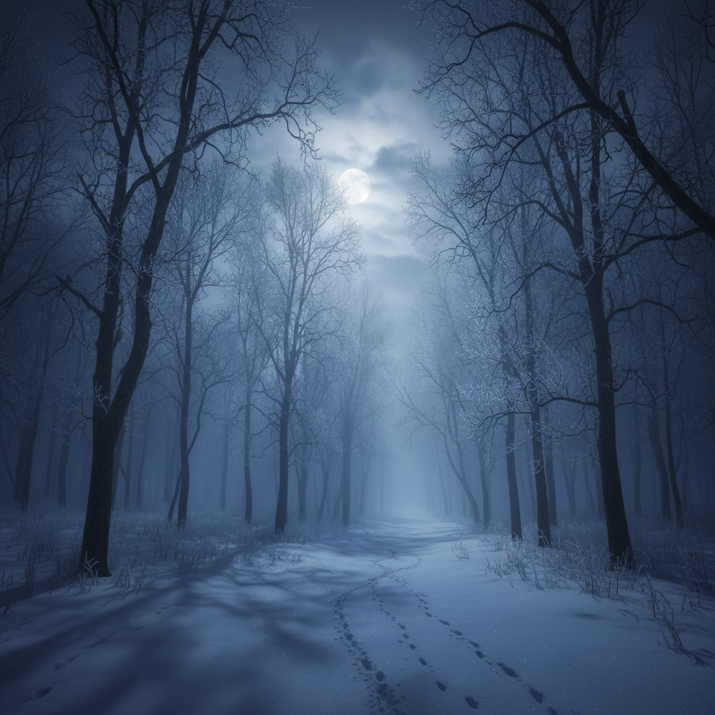 Dark mysterious winter forest with fog, moonlight, cinematic style