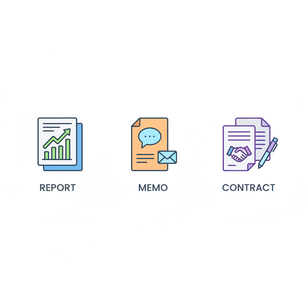 iconography illustration of document types reports memos contracts, clean flat style