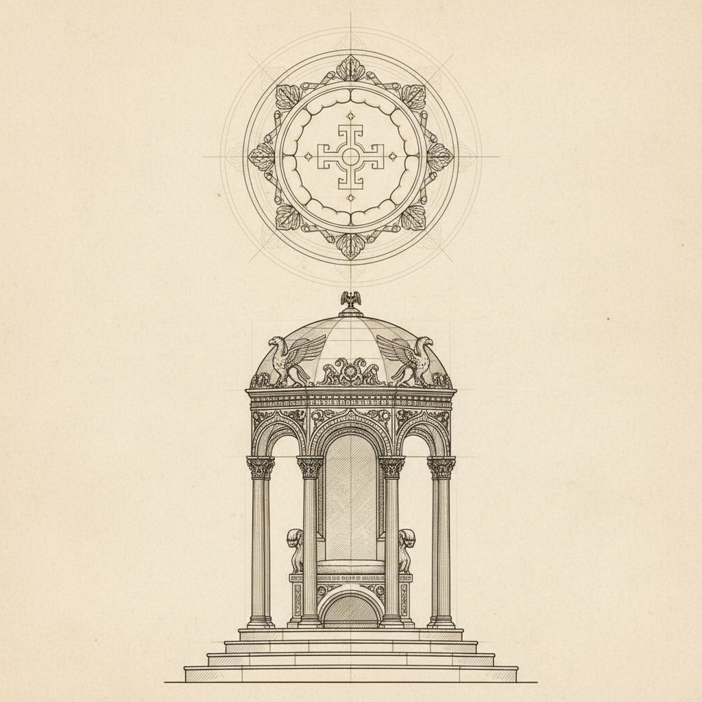Technical sketch of byzantine throne plan view and elevation, sepia tone, architectural drawing style