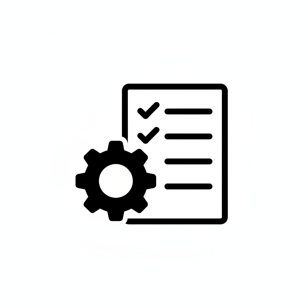 simple black icon of a checklist with a gear, vector style, white background